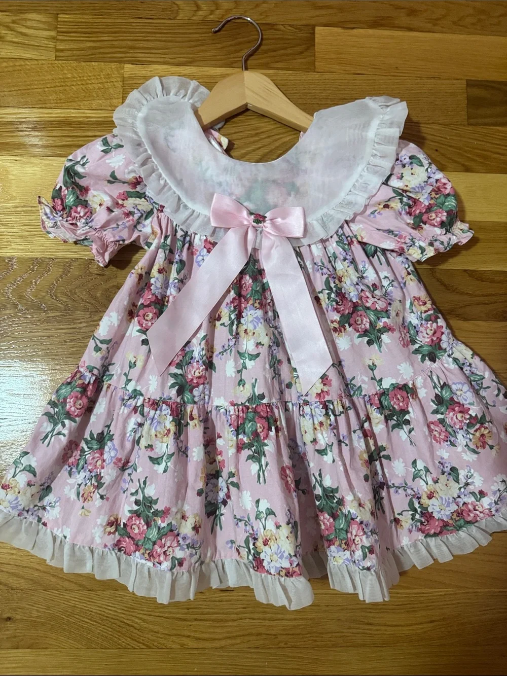 Vintage Pink Floral Baby Dress with White Collar and Bow